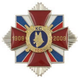 Значок 100 лет Кинологической службе МВД 1909-2009, красный крест, с накладкой (заливка смолой)