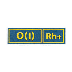 Нашивка на грудь Группа крови О (I) Rh+ (голубой фон, буквы желтые), пластизолевая