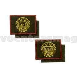 Нашивки ЖДВ (желтая вышивка, оливковый фон, красный кант) петличные эмблемы на липучке (вышитые), пара