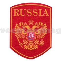 Нашивка пластизолевая Russia с гербом (5-угольная, красный фон)