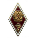 Значок Ромб с медицинской эмблемой и орлом РФ на фоне свитка, красный (латунь, полимерная эмаль)